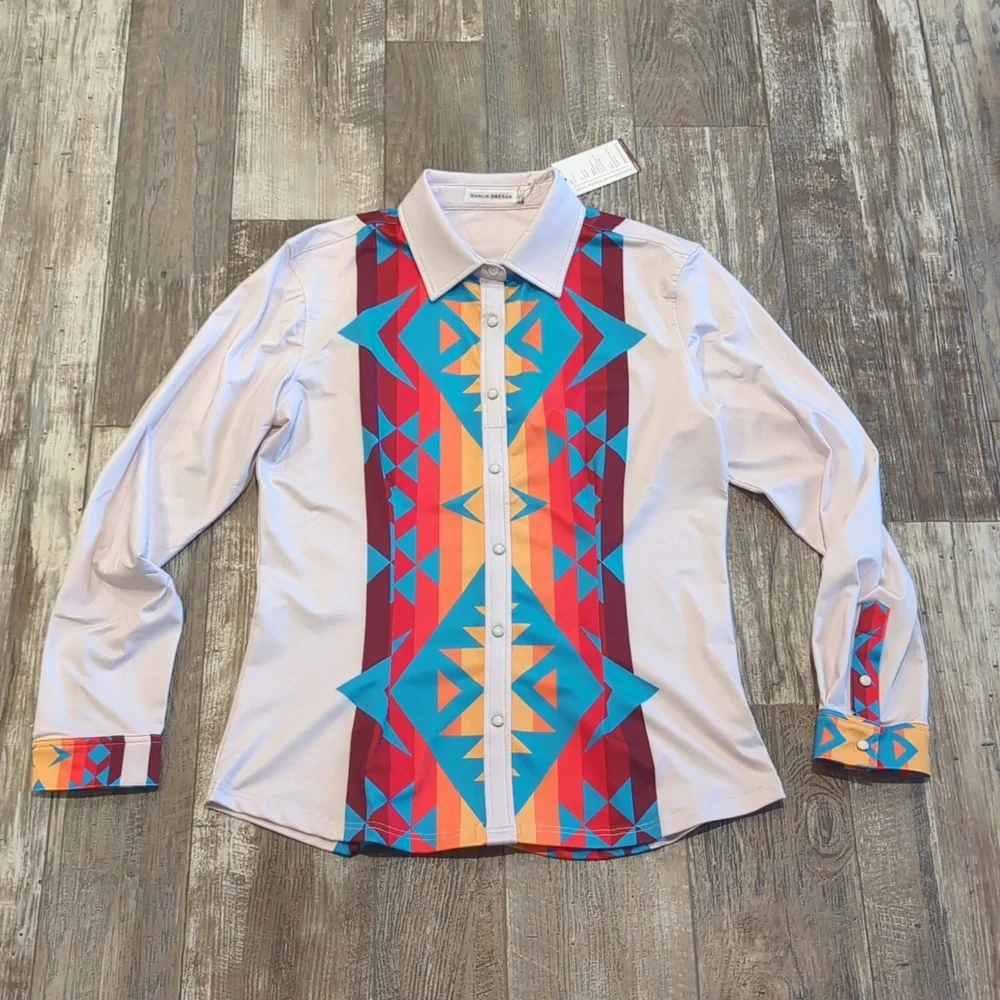 RANCH DRESS'N Fallon Taylor "Atoka" white/blue Performance rodeo shirt sz L NWT - Picture 6 of 11